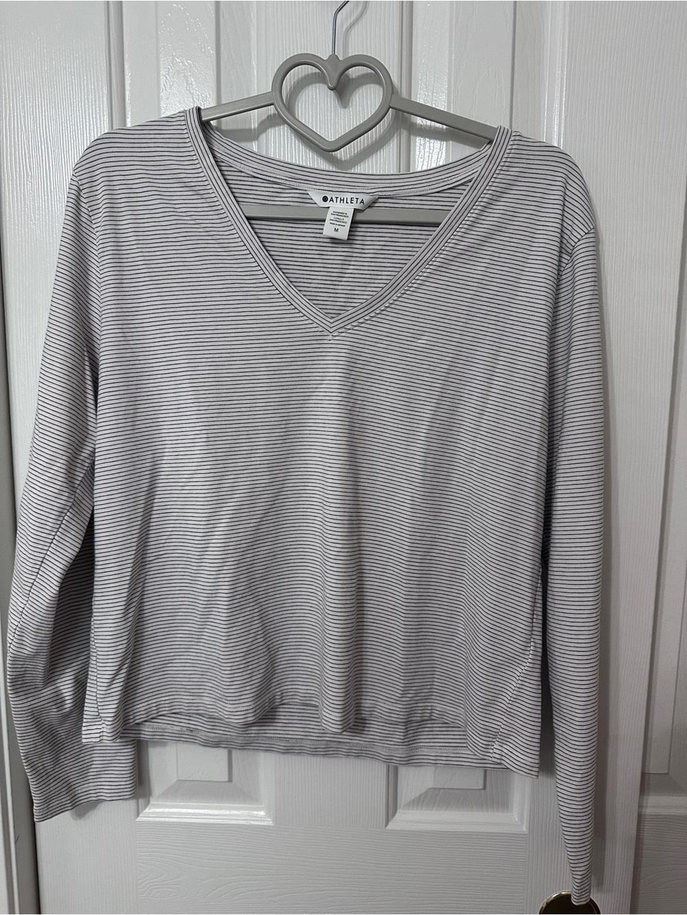 Athleta Black and White Striped Long Sleeve V-Neck Tee